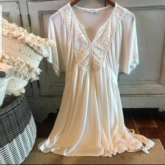 WHITE KIMONO BOHO MINI BEACH DRESS BOUTIQUE S M - Picture 1 of 4